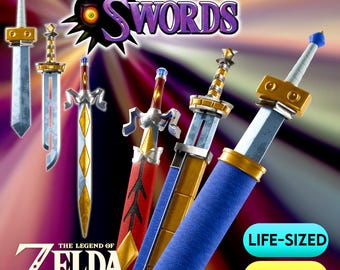 Puede incluir: Una variedad de espadas de tamaño natural con hojas y empuñaduras doradas, azules, rojas y plateadas. La imagen incluye el texto "KOKIRI, RAZOR, & GILDED SWORDS", "THE LEGEND OF ZELDA", "LIFE-SIZED" y "STL FILES".
