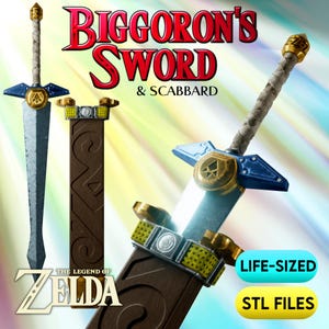 May include: A Biggoron's Sword and scabbard from The Legend of Zelda. The sword features a long blade, a blue crossguard with a gold center emblem, and a wrapped handle. The brown scabbard has gold and yellow accents. Text reads: Biggoron's Sword & Scabbard.