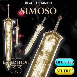 Könnte beinhalten: Digital gerenderte Darstellung des "Blade of Simon Simoso". Das Bild zeigt mehrere Ansichten eines leuchtenden, verzierten Schwertes mit komplizierten Mustern. Text enthält "Clair Obscur Expedition 33", "Life-Sized" und "STL Files".