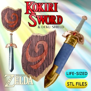 Puede incluir: Un conjunto de Espada Kokiri y Escudo Deku, inspirado en The Legend of Zelda. La espada tiene una hoja plateada y detalles dorados, con un mango azul. El escudo es marrón con un diseño de espiral roja. El texto incluye "LIFE-SIZED" y "STL FILES".