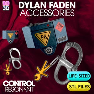 May include: A blue rectangular device with a yellow P6 triangle label, a red explosive warning sticker, and a keyhole. Included is a silver-toned metal carabiner attached to a yellow stick figure charm. Text reads: DYLAN FADEN ACCESSORIES, CONTROL RESONANT, LIFE-SIZED, STL FILES.