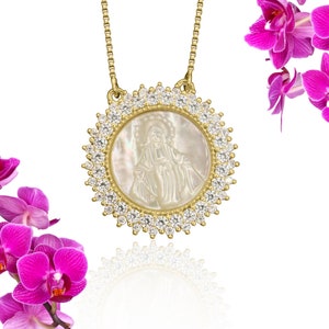 MARY NECKLACE GOLD, Miraculous Medal Virgin Mary Pendant, Mother of Pearl, Medallion Necklace, Catholic Jewelry, Gifts for Her