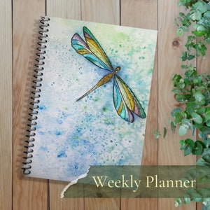 Weekly Planner with dragonfly I spiral, hardcover, softcover I original artwork &quot;Dragonfly Repose&quot; -- Free US shipping