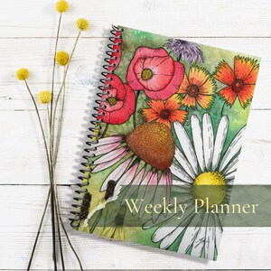 Weekly Planner with wildflowers I spiral, hardcover, softcover I original artwork &quot;Floral Fiesta&quot; -- Free US shipping