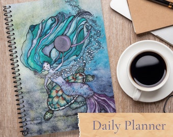 Agenda de sirena, sin fecha, diaria, por horas con ilustración original en acuarela y pluma "Historias del mar".