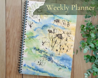 Wildflower Watercolor Undated Weekly Planner I original artwork "Misty Wildflowers" -- Free US shipping