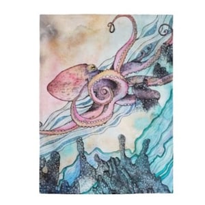 Octopus Blanket Throw, Couch Throw, Ocean Home Decor with original artwork "The Little Octopus Who Could"