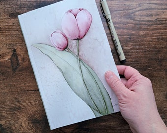 Feminine tulip journal with dot grid, lined or blank pages -- Free Shipping