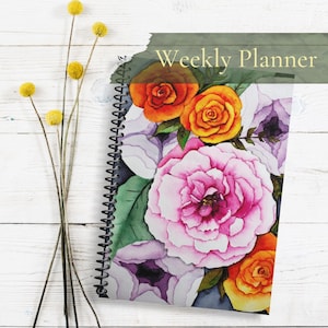 Weekly Planner with vibrant florals I spiral, hardcover, softcover I original artwork &quot;Dark Floral&quot; -- Free US shipping
