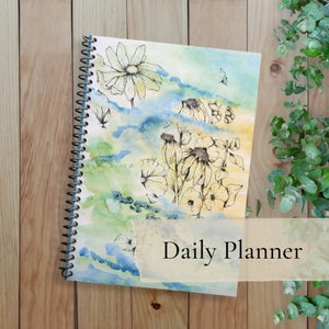 Undated Daily Planner with Wildflowers I spiral, hardcover, softcover I original artwork "Misty Wildflowers" -- Free US shipping