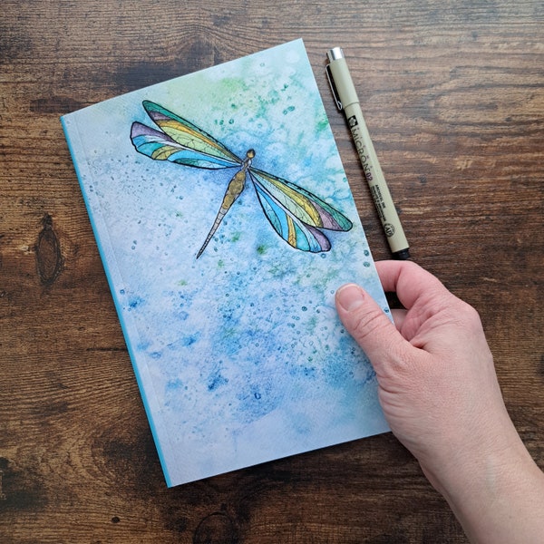 Ethereal Dragonfly Journal with a Blue Green Watercolor Background