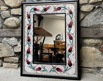 Specchio in ceramica, specchio da parete in legno, specchio da soggiorno, specchio da appendere alla parete, specchio da parete fatto a mano, specchio floreale, regalo per la mamma, festa della mamma