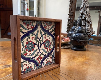 Handmade Wooden Tile Tray, Ottoman Desing Wood Tray, Decorative Serving Tray, Wooden Tray , Boho Tile Tray, Ceramic Tile Tray, Bohemian Tray