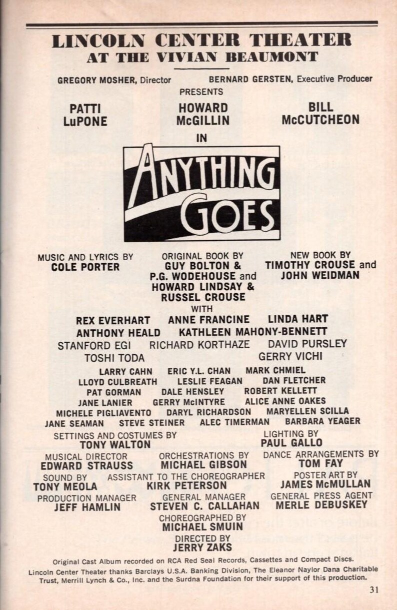 Anything Goes Signed Autographed Cast Playbill - Patti Lupone - Etsy
