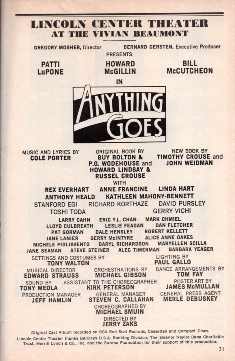 Anything Goes Signed Autographed Cast Playbill - Patti Lupone - Etsy