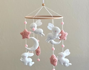 Handmade Bunny Moon Star Baby Mobile | Felt Nursery Decor, Natural Wood Hoop