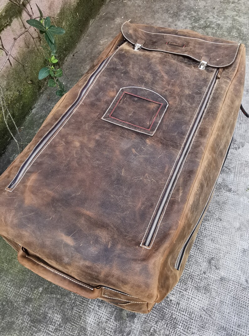 Large Family Leather Luggage, Handmade Leather Trolley Bag, Unique Design Stitch'd Leather Goods,Travel Leather Bag, Rolling Luggage image 4