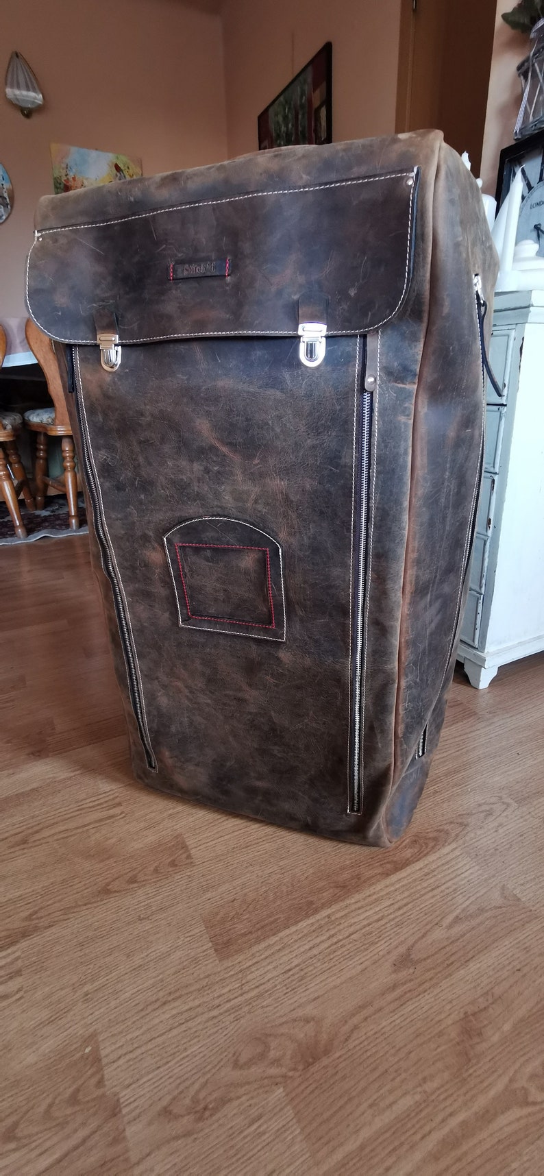 Bagagli in pelle per famiglie numerose, borsa trolley in pelle fatta a mano, articoli in pelle cuciti dal design unico, borsa da viaggio in pelle, bagaglio a rotelle immagine 3