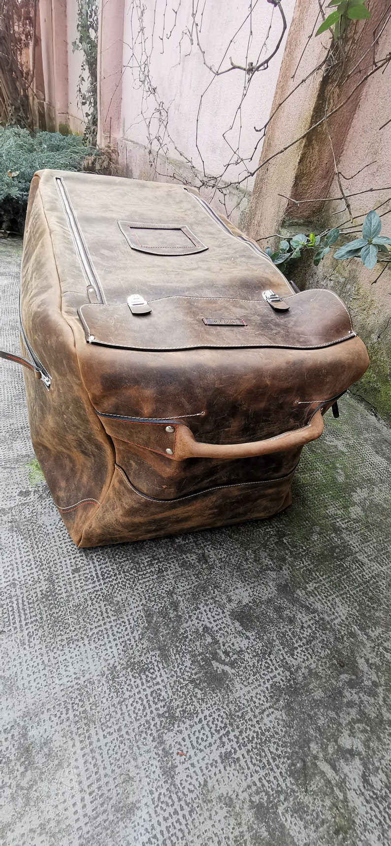 Large Family Leather Luggage, Handmade Leather Trolley Bag, Unique Design Stitch'd Leather Goods,Travel Leather Bag, Rolling Luggage image 5