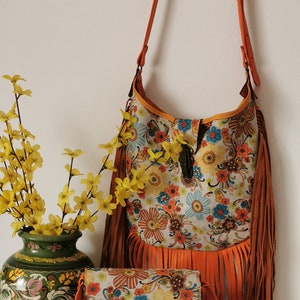 Conjunto de bolso de cuero bohemio: bolso bandolera y cartera con flecos hechos a mano, bolso de regalo para festivales, bolso de cuero único para ella.