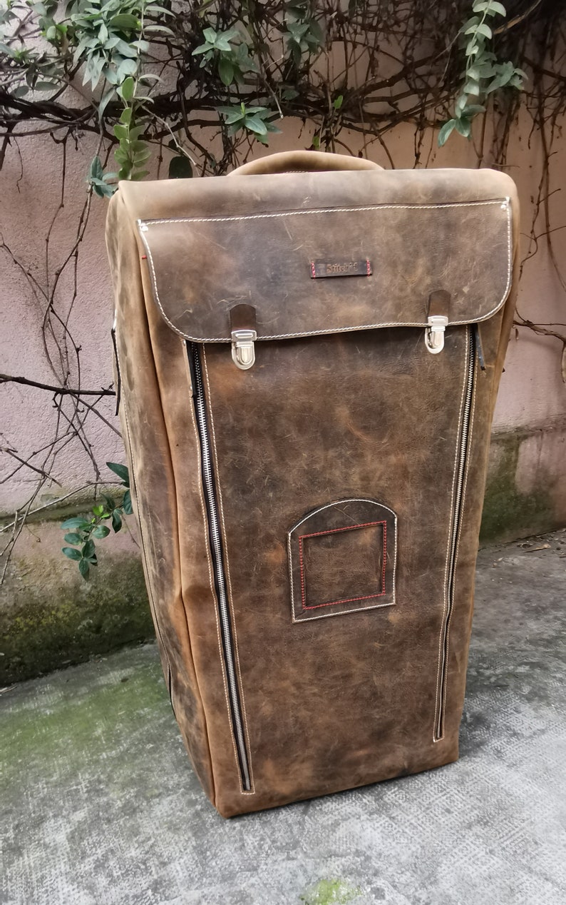 Bagagli in pelle per famiglie numerose, borsa trolley in pelle fatta a mano, articoli in pelle cuciti dal design unico, borsa da viaggio in pelle, bagaglio a rotelle immagine 2