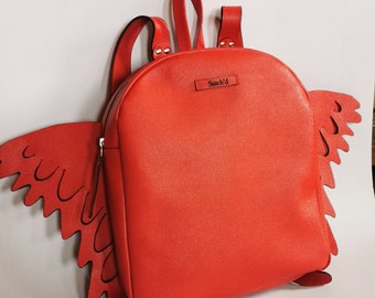 Angel Red Leather Backpack,Handmade Laptop  13'inch Backpack, Travel Backpack,Woman Angel Backpack,Handmade Product,Unique Design