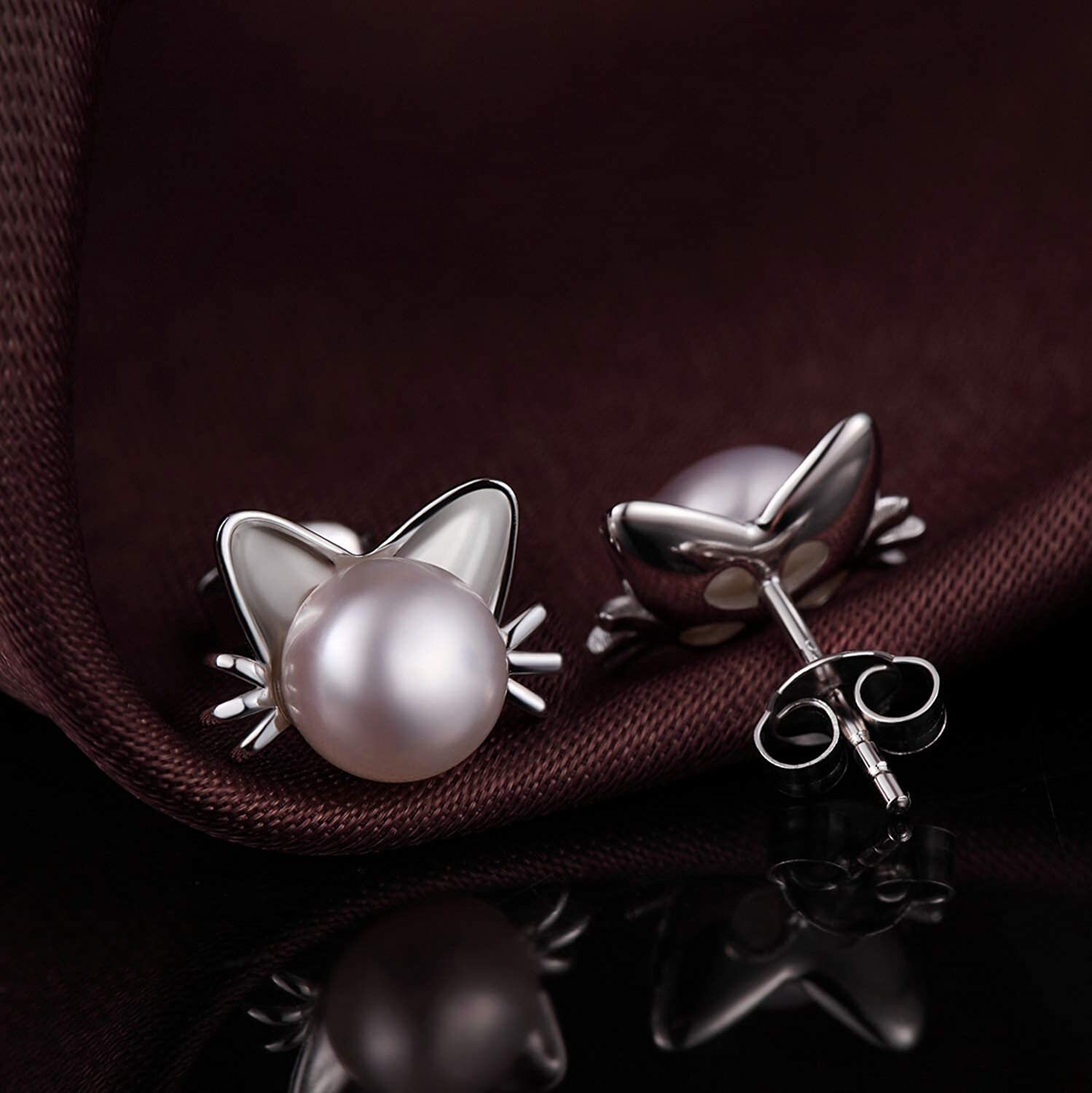 1Pair Cute 925 Sterling Silver Cat Ear Stud Earrings Handpicked Freshwater Pearl Ear Earrings for Women Girls 