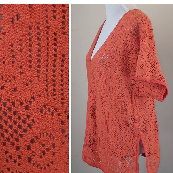 Orange 1990s Mesh Pullover Shirt Top | Women's Orange Beach Swimsuit Cover Up | Cotton See-Through Women's Shirt | Summer Bathing Suit Cover