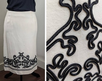Vintage White Embroidered Skirt | Women's Boho Wool Skirt | Lined Women's Tea-Length Skirt