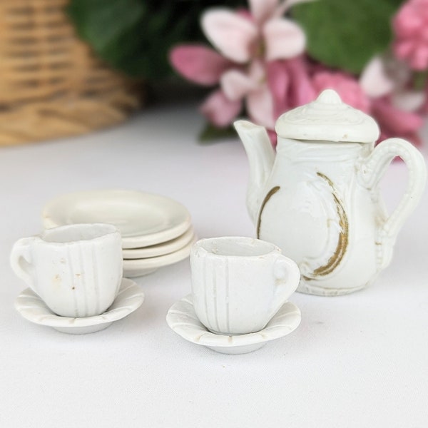 Antique White Porcelain Miniature Tea Set 9pc | Dollhouse Tea Set Mini Childs Tea Cup Gold Trim 1900s | Ceramic Handmade Collectible Tea Set