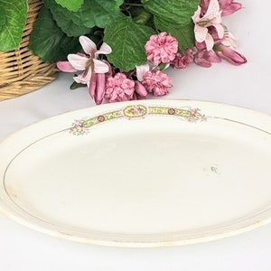 Antique Distressed Oval Serving Platter Pink Roses | Porcelain Meat Platter 1920s Small 11" Stained Platter | Vintage Farmhouse Cottage Core