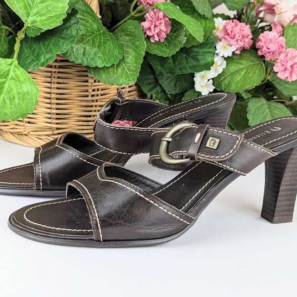 Vintage 90s Brown Leather Round Open Toe Mule Heels | Womens Summer Slip-on Heeled Chocolate Sandal Shoe | Ladies Etienne Aigner Shoes Sz 8