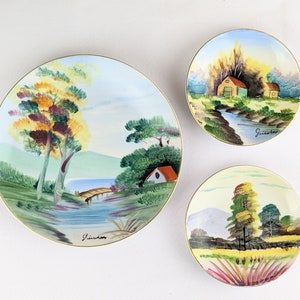Set of 3 Hand Painted Japanese Porcelain Decorative Wall Plates | Asian Rural Scene Wall Decor | MCM Collectible Wall Plates Wales China