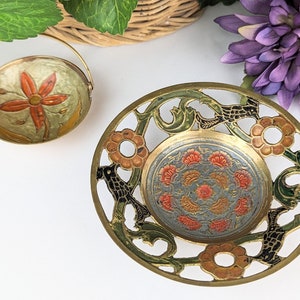 Set of 2 Vintage Brass Trinket Bowl Dishes | Handled Small Brass Bowl Color Inlay | Embossed Enamelled Brass Decorative Jewelry Ring Dish