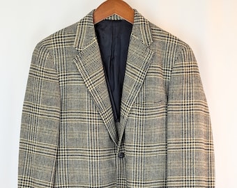 Vintage Men's Brown Blue Glen Plaid Wool Sport Coat Blazer | Lightweight Funky Plaid Sport Jacket | Men's 1960s Tailored Suit Coat Size 40R