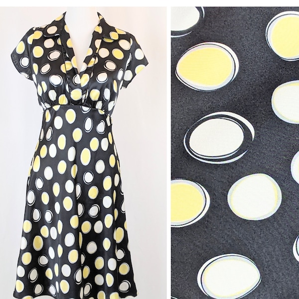 Satiny Black Yellow Polka Dot Wrap Style Dress | Vintage 1980s Women's Polyester Party Dress Black Yellow White Dots | Silky Faux Wrap Style