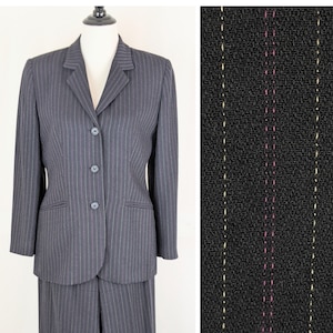 Women&#39;s Two Piece Pinstriped Black Pant Suit | Long Sleeved Ladies Blazer and Trousers Suit Set Petite | Vtg 1980s Matching Pants and Blazer
