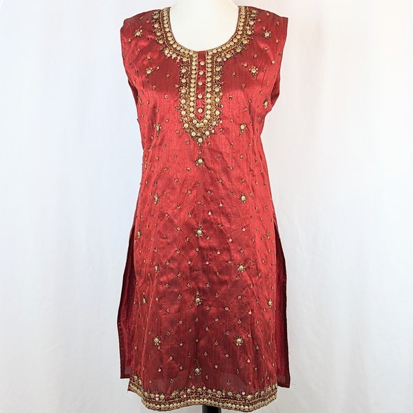 Handmade Women's Dark Red Beaded Tunic | Hand Stitched Indian Ethnic Long Kurti Kurta | Maroon Embroidered Sleeveless Silk Blend Tunic Top