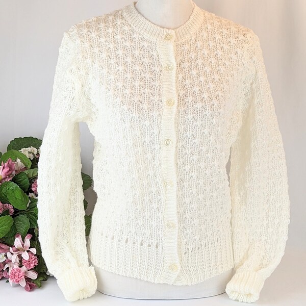 Women's Vintage White Knit Cardigan 1960s | Popcorn Stitch White Button Down Librarian Sweater | 1960s Ladies Acrylic Tight Sweater Blouse