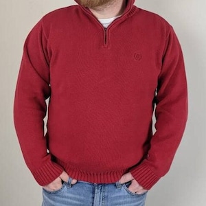 Vintage 1990s Men&#39;s Red Sweater | Men&#39;s Red Henley Pullover | Vintage Men&#39;s Izod Red Ribbed Logo Sweater