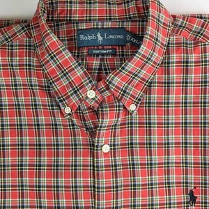 Men&#39;s Red Green Yellow Plaid Collared Dress Shirt | Vintage 1980s Ralph Lauren Men&#39;s Red Cotton Shirt | Big Man&#39;s Button Down XXL