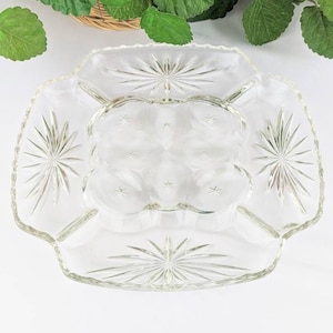 Vintage Clear Glass Square Serving Platter | Anchor Hocking Early American Prescut Clear EAPC 12&quot; Egg & Relish Tray | EAPC Deviled Egg Plate