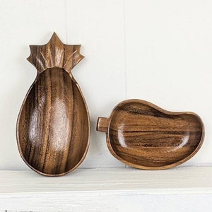 Set of 2 Vtg Handcarved Wood Bowls | MCM Wood Trinket Dish Pineapple Tidbit Tray | Wooden Monkey Pod Acacia Wood Nut Fruit Accent Container