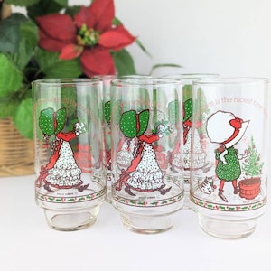 Set of 5 Holly Hobbie Promotional Glasses | Vintage 1970s Coca-Cola Promo Glasses American Greetings | Holly Hobbie Christmas Drinking Glass