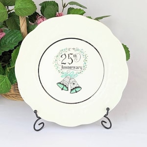 Collectible 25th Wedding Anniversary Plate | White 10&quot; Plate Teal Ribbon and Bells Silver Trim | Silver 25th Wedding Anniversary Gift