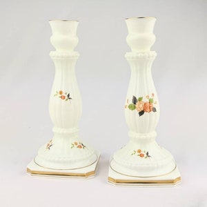 RARE Set of Two White Bone China Candlestick Holders with Gold Trim | Mikasa Coronation Orange Autumn Flower | White Ceramic Candleholders