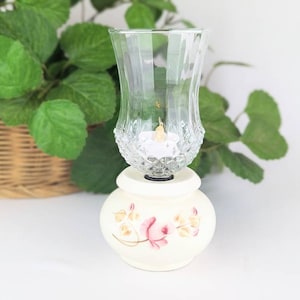 Pretty Pink Rose Candle Holder Taper or Votive | Vintage Ceramic Cream Hand Painted Floral Votive Cup | Clear Glass Diamond Point Votive Cup