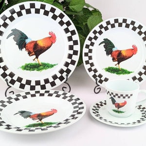 5 PC Melamine Rooster Dinnerware Set | Vintage Rooster Chicken Plates Bowl Cup and Saucer Set | Farmhouse Country Cottagecore Checkerboard