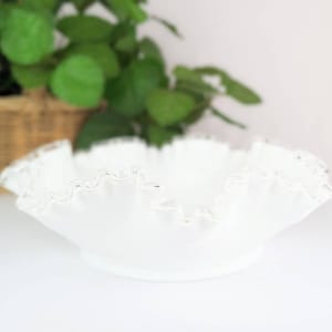 White Milk Glass Serving Bowl | Vintage Fenton Silver Crest Footed Double Crimp Bowl | Milk Glass Display Wedding Decor White Centerpiece