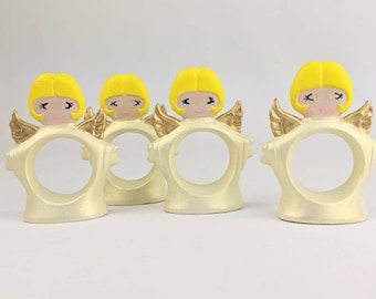 Set of Four Hand Painted Ceramic Angel Napkin Rings | Vintage 1970s Cherub Angel Napkin Holders | Christmas Decor Dining Table Place Setting